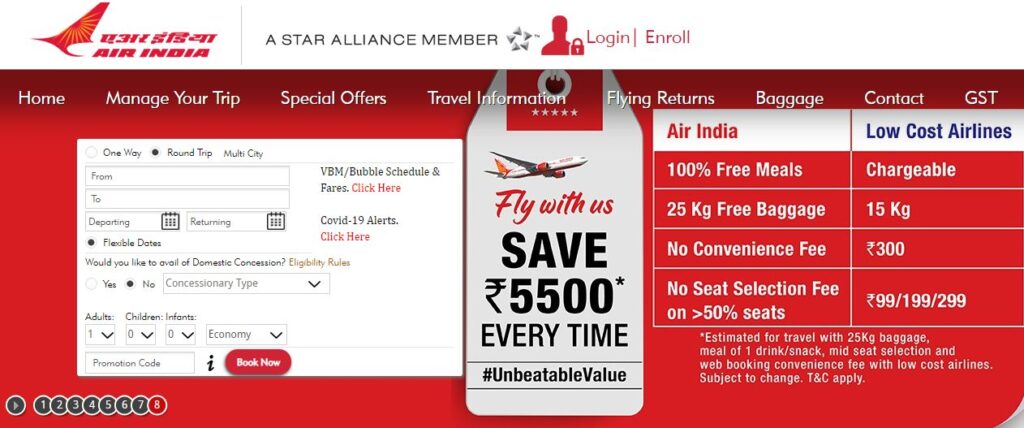 Air India online flight booking functionality
