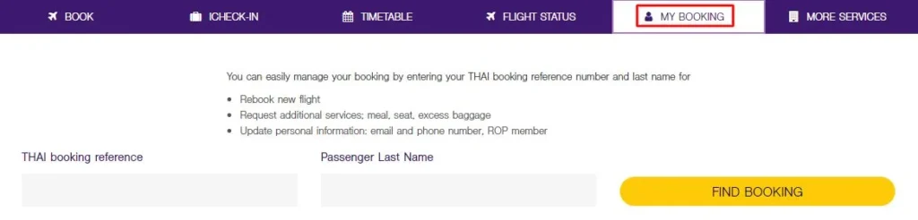 A screenshot of the Thai Airways My Booking page for making a Thai Airways upgrade online