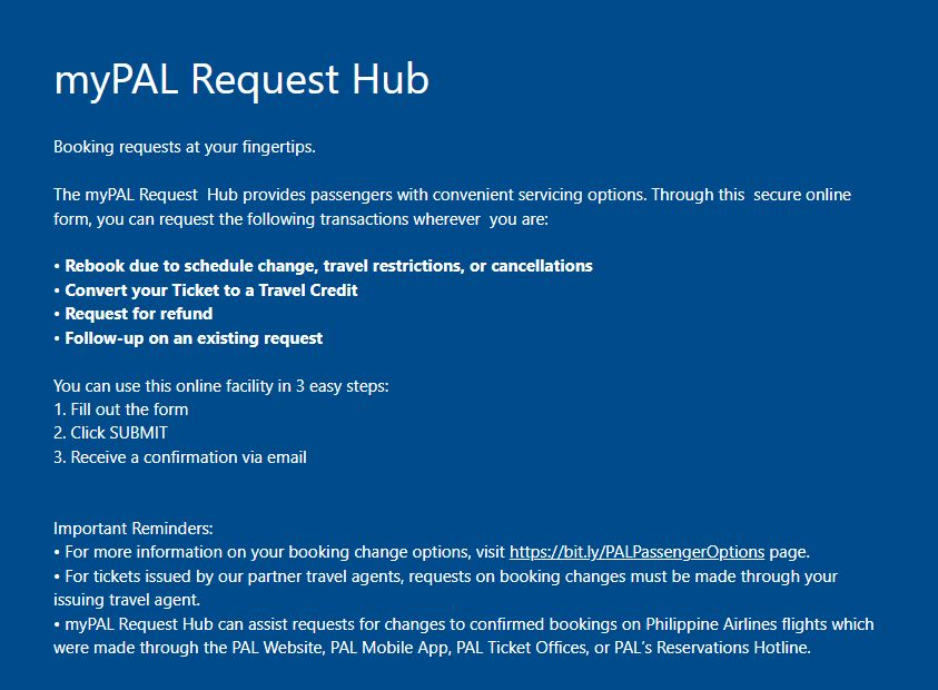 A screenshot of the myPAL Request Hub form used for online flight cancellation at Philippine Airlines 