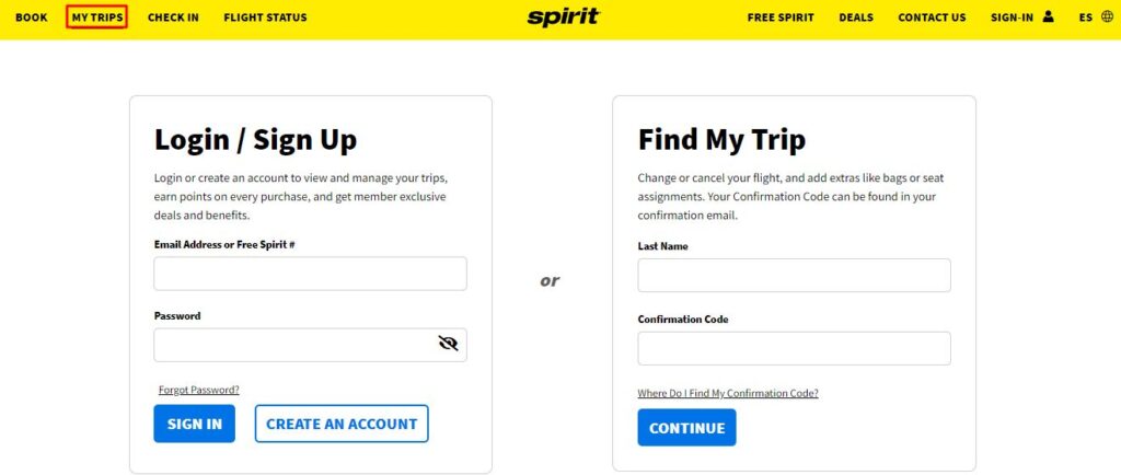 A screenshot of the Find My Trip page on Spirit.com