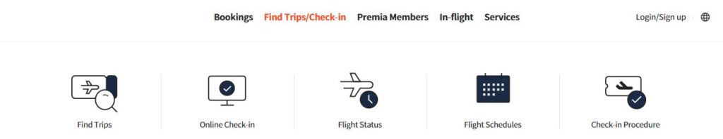 A screenshot of Air Premia’s Manage Booking functionality, accessible via the Find Trips/Check-in tab. Source: AirPremia.com