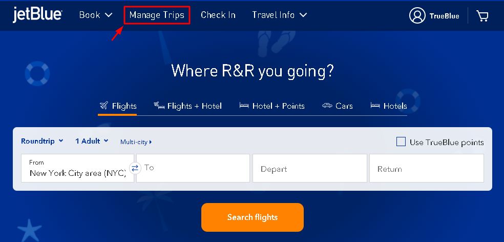 A screenshot of the Manage Trips option used for cancelling a JetBlue flight
